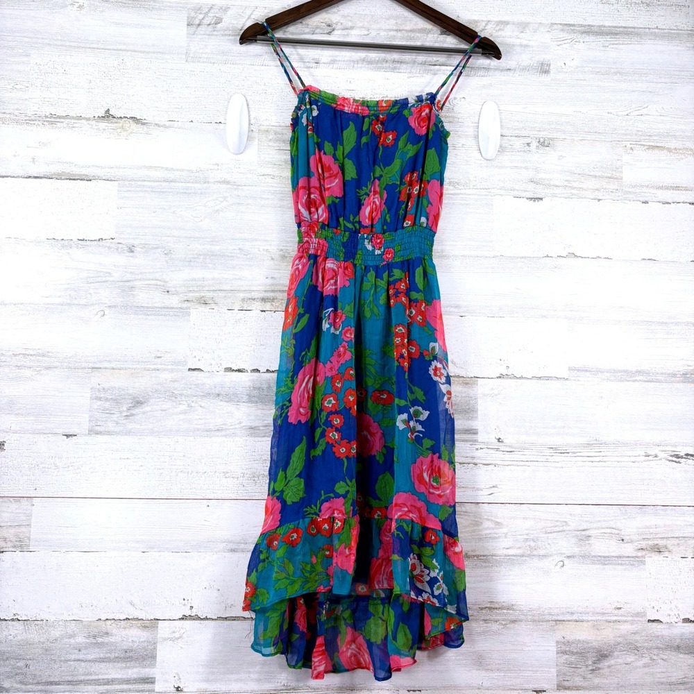 Ella Moss Floral Silk‎ Midi Dress Womens XS Blue High-Low Smocked Boho Festival